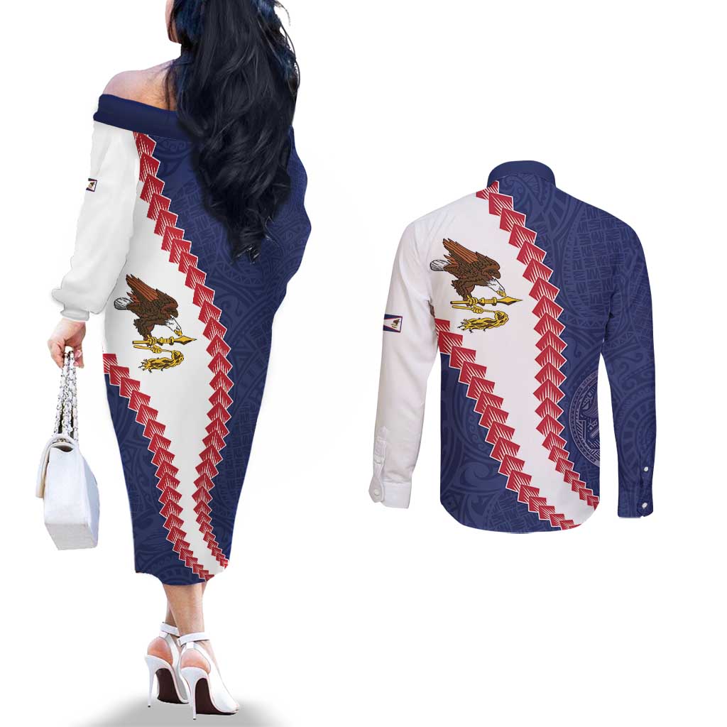American Samoa Eagle Couples Matching Off The Shoulder Long Sleeve Dress and Long Sleeve Button Shirt Polynesian Tribal Pattern Curve Style