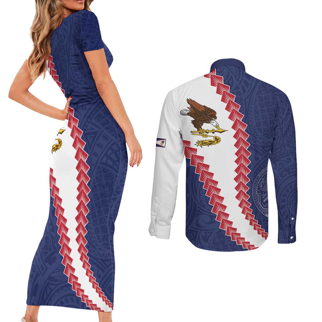 American Samoa Eagle Couples Matching Short Sleeve Bodycon Dress and Long Sleeve Button Shirt Polynesian Tribal Pattern Curve Style