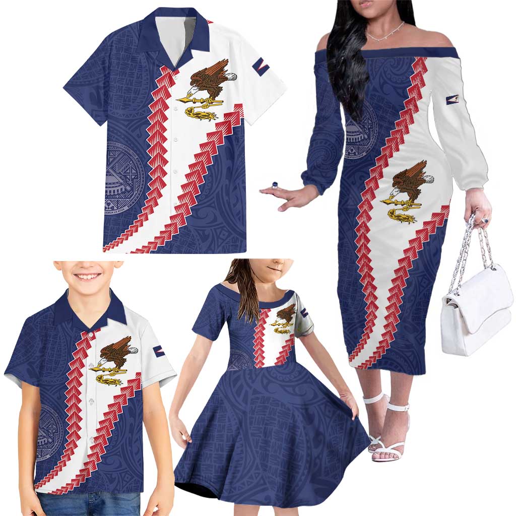 American Samoa Eagle Family Matching Off The Shoulder Long Sleeve Dress and Hawaiian Shirt Polynesian Tribal Pattern Curve Style