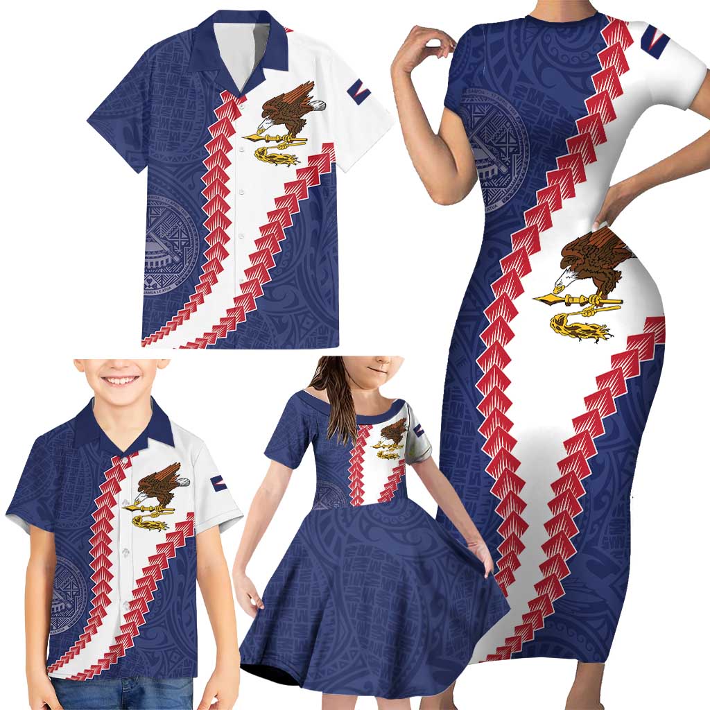 American Samoa Eagle Family Matching Short Sleeve Bodycon Dress and Hawaiian Shirt Polynesian Tribal Pattern Curve Style