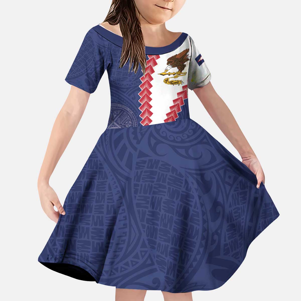 American Samoa Eagle Kid Short Sleeve Dress Polynesian Tribal Pattern Curve Style