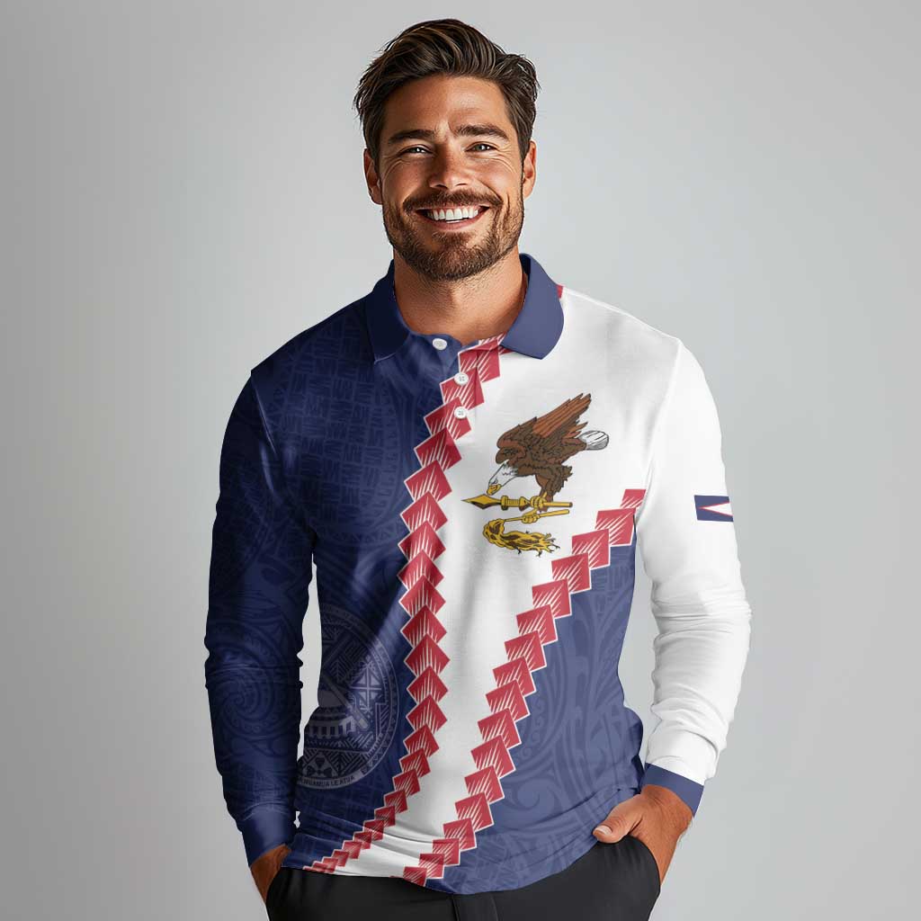 American Samoa Eagle Long Sleeve Polo Shirt Polynesian Tribal Pattern Curve Style