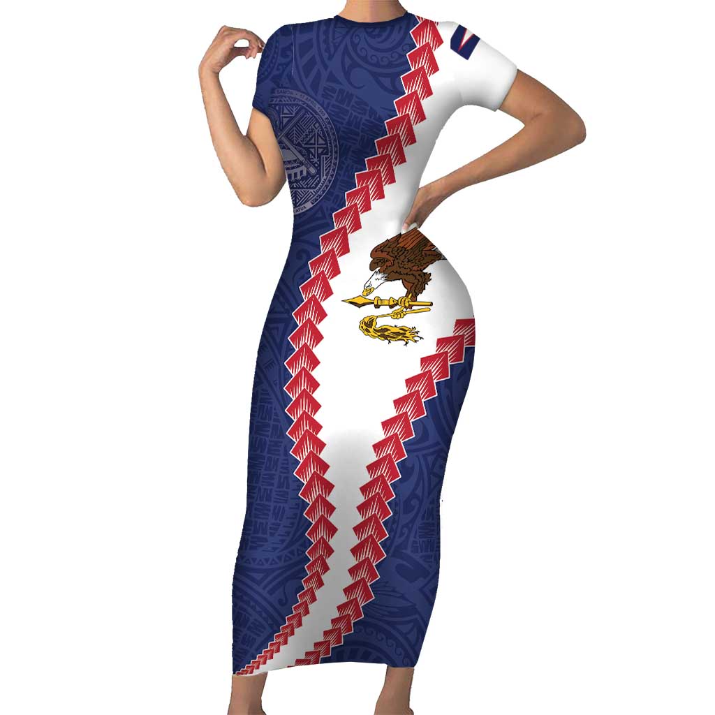 American Samoa Eagle Short Sleeve Bodycon Dress Polynesian Tribal Pattern Curve Style