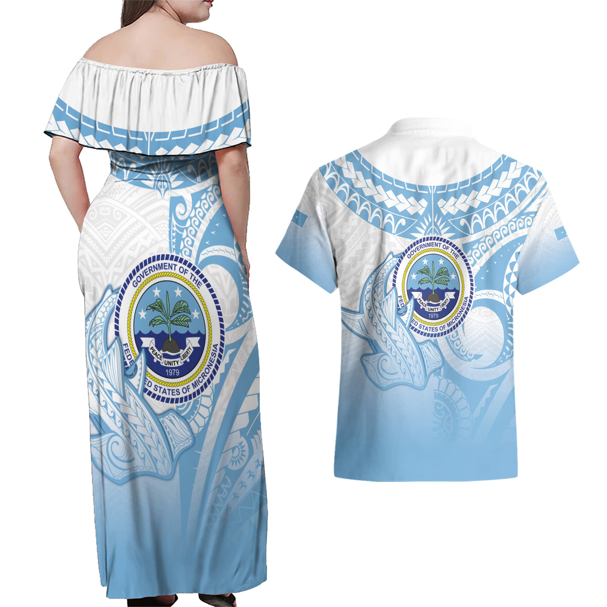 Micronesia Constitution Day Couples Matching Off Shoulder Maxi Dress and Hawaiian Shirt Polynesian Tribal Tattoo Simple Style LT05 - Polynesian Pride