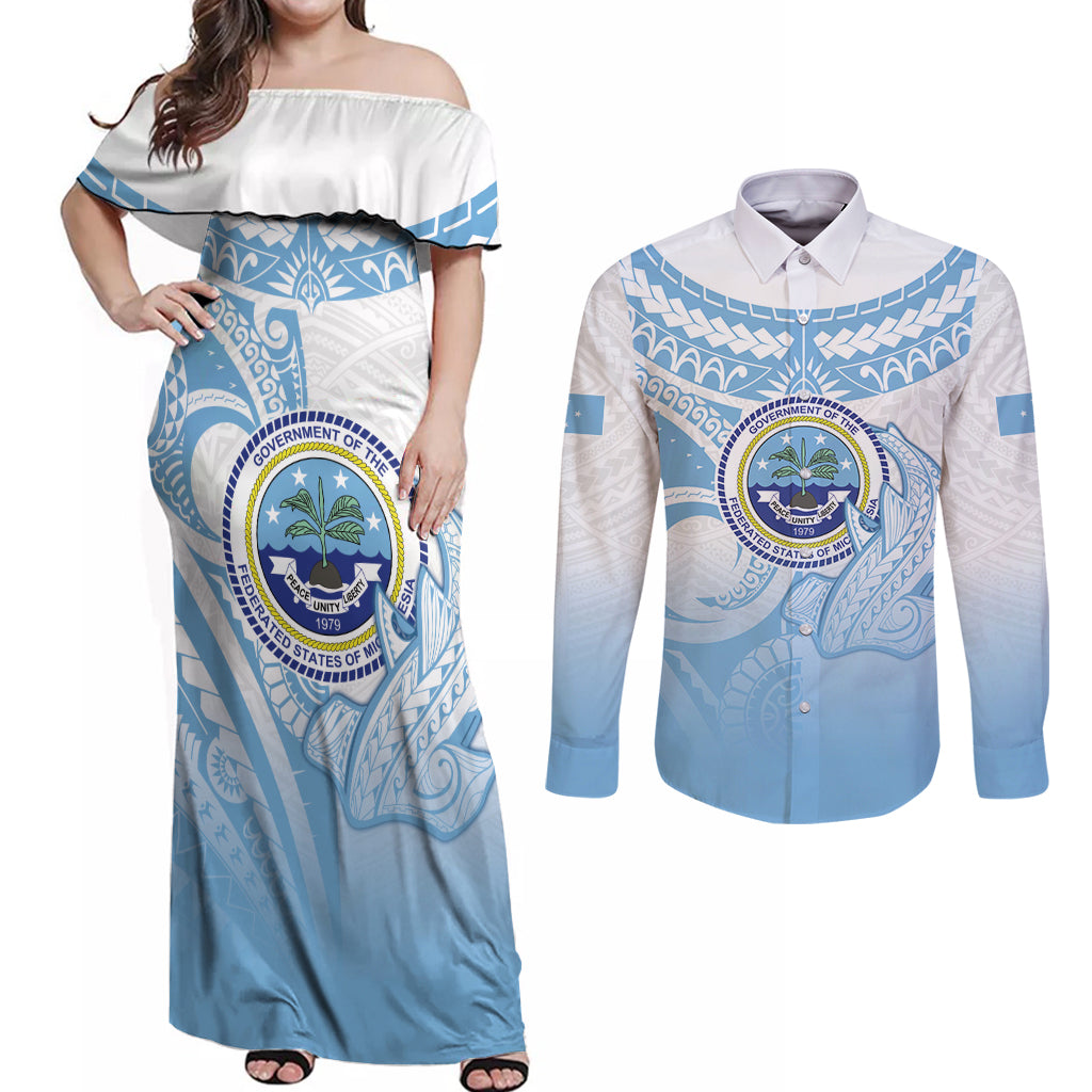 Micronesia Constitution Day Couples Matching Off Shoulder Maxi Dress and Long Sleeve Button Shirt Polynesian Tribal Tattoo Simple Style