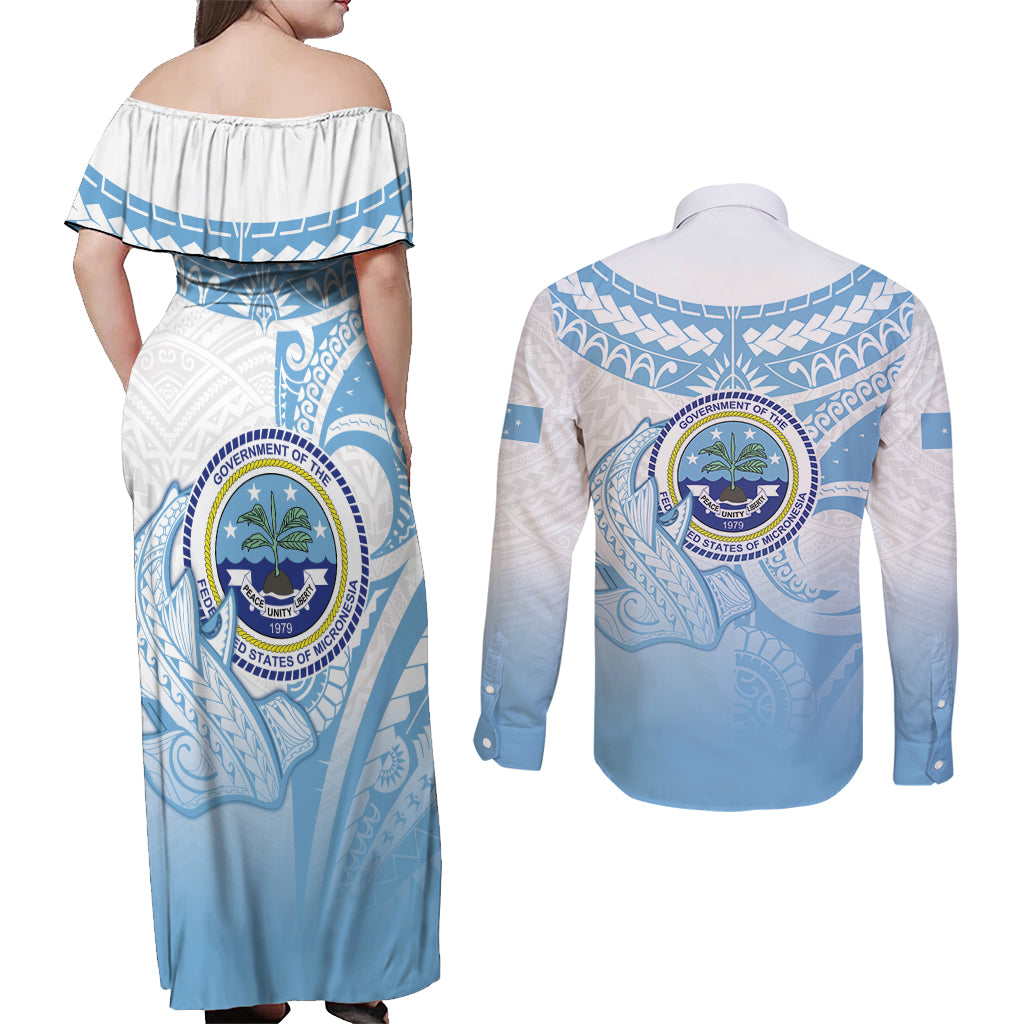 Micronesia Constitution Day Couples Matching Off Shoulder Maxi Dress and Long Sleeve Button Shirt Polynesian Tribal Tattoo Simple Style