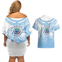 Micronesia Constitution Day Couples Matching Off Shoulder Short Dress and Hawaiian Shirt Polynesian Tribal Tattoo Simple Style