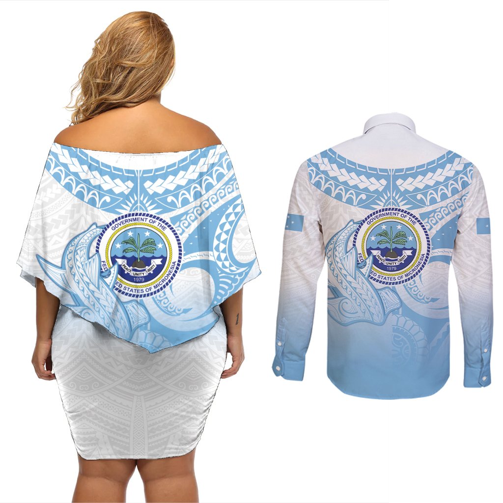 Micronesia Constitution Day Couples Matching Off Shoulder Short Dress and Long Sleeve Button Shirt Polynesian Tribal Tattoo Simple Style