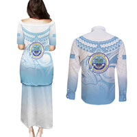 Micronesia Constitution Day Couples Matching Puletasi and Long Sleeve Button Shirt Polynesian Tribal Tattoo Simple Style