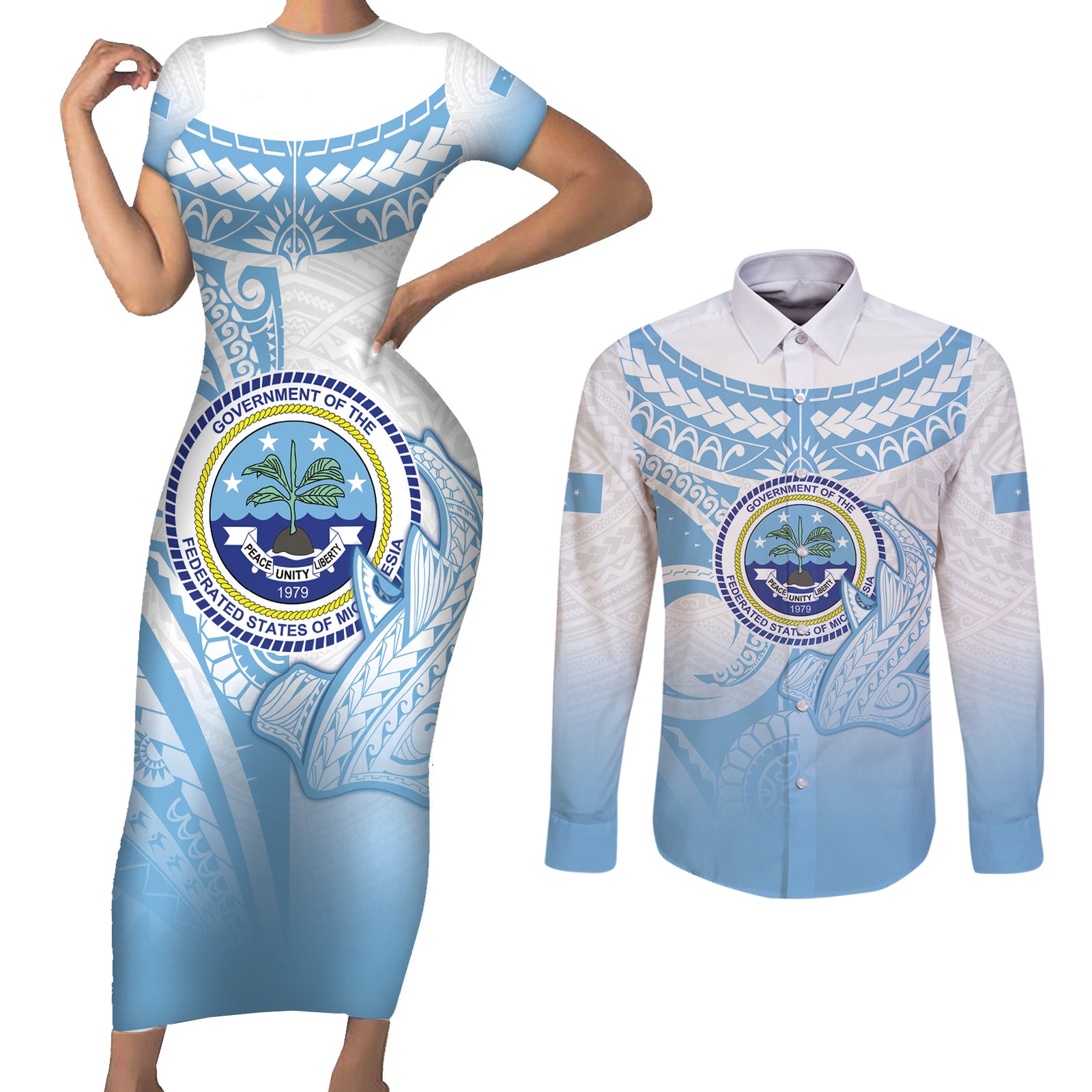 Micronesia Constitution Day Couples Matching Short Sleeve Bodycon Dress and Long Sleeve Button Shirt Polynesian Tribal Tattoo Simple Style