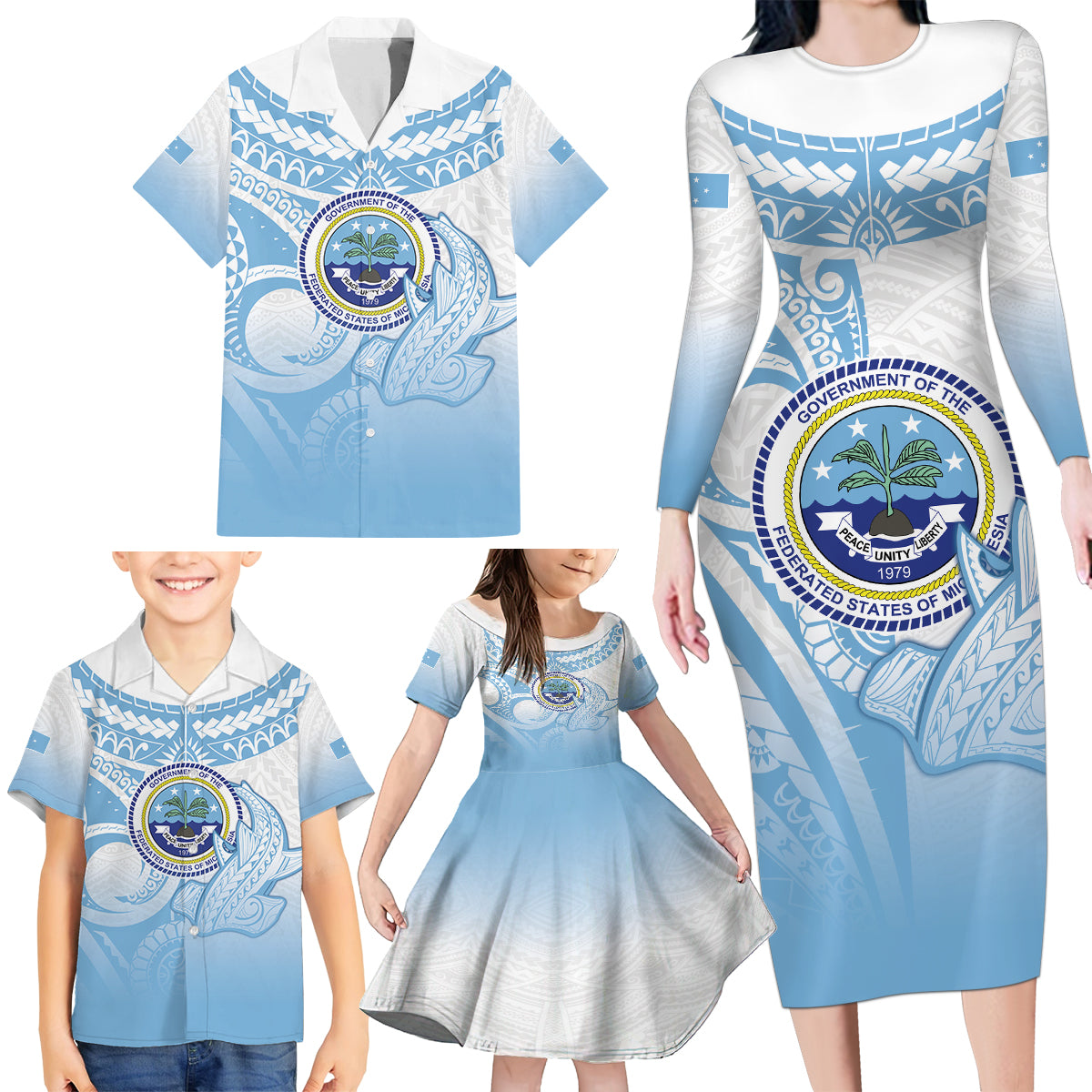 Micronesia Constitution Day Family Matching Long Sleeve Bodycon Dress and Hawaiian Shirt Polynesian Tribal Tattoo Simple Style LT05 - Polynesian Pride