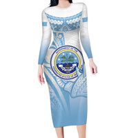 Micronesia Constitution Day Family Matching Long Sleeve Bodycon Dress and Hawaiian Shirt Polynesian Tribal Tattoo Simple Style LT05 Mom's Dress Blue - Polynesian Pride
