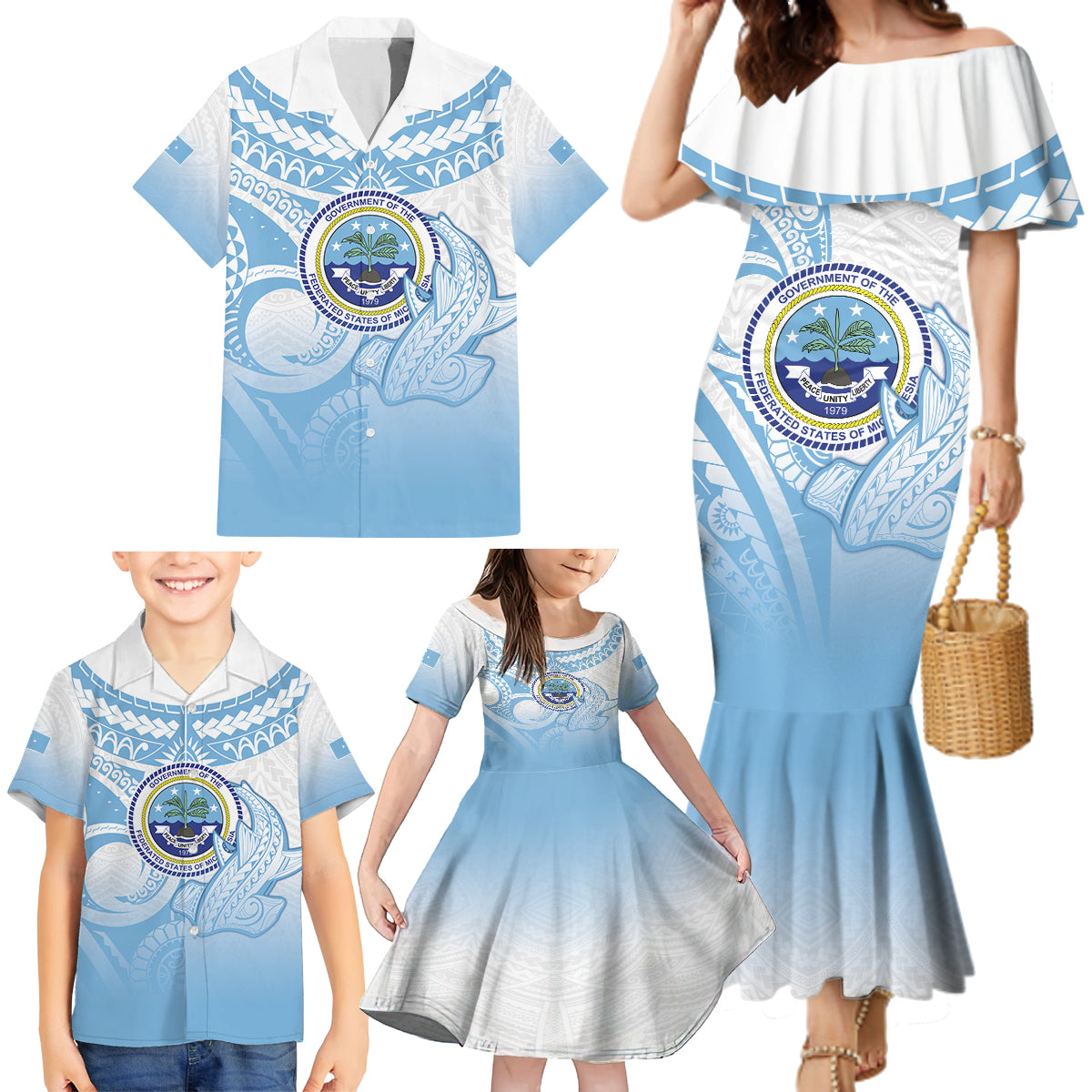 Micronesia Constitution Day Family Matching Mermaid Dress and Hawaiian Shirt Polynesian Tribal Tattoo Simple Style LT05 - Polynesian Pride