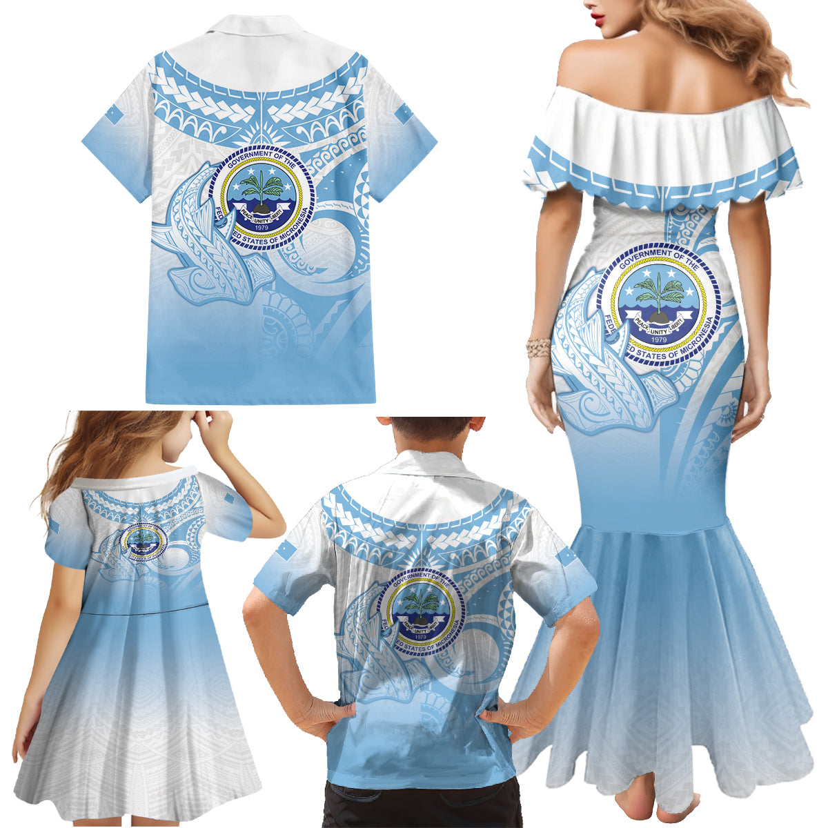 Micronesia Constitution Day Family Matching Mermaid Dress and Hawaiian Shirt Polynesian Tribal Tattoo Simple Style LT05 - Polynesian Pride