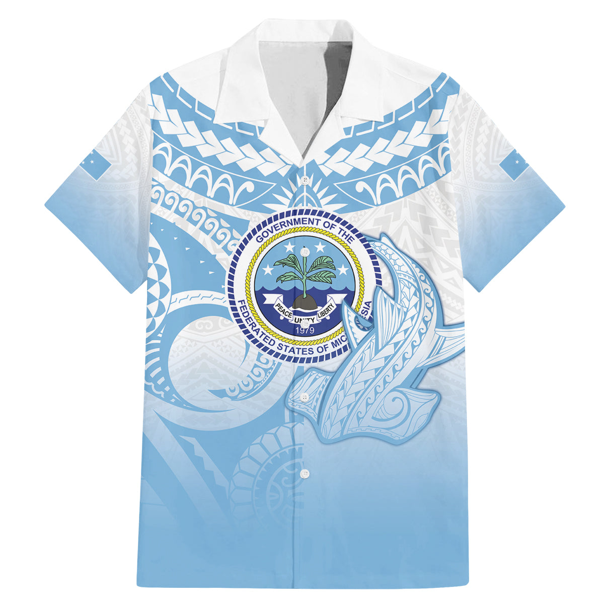 Micronesia Constitution Day Family Matching Mermaid Dress and Hawaiian Shirt Polynesian Tribal Tattoo Simple Style LT05 Dad's Shirt - Short Sleeve Blue - Polynesian Pride