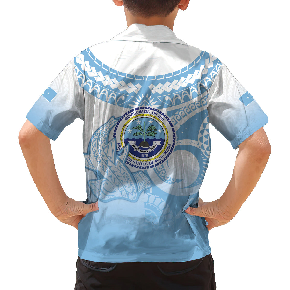 Micronesia Constitution Day Family Matching Off The Shoulder Long Sleeve Dress and Hawaiian Shirt Polynesian Tribal Tattoo Simple Style LT05 - Polynesian Pride