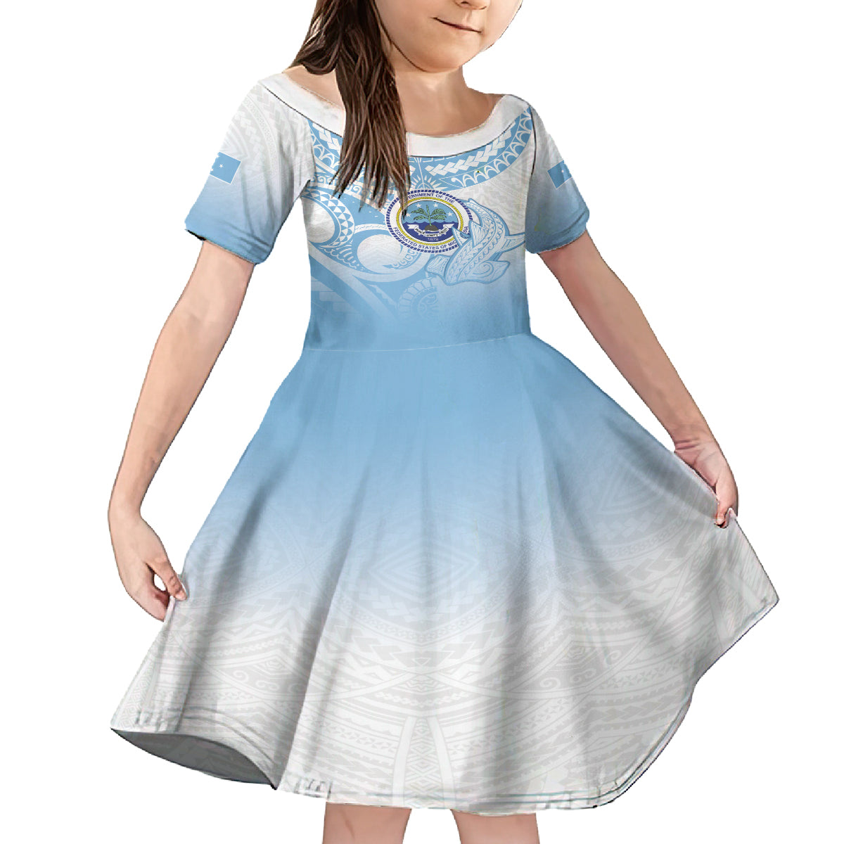 Micronesia Constitution Day Family Matching Off The Shoulder Long Sleeve Dress and Hawaiian Shirt Polynesian Tribal Tattoo Simple Style LT05 Daughter's Dress Blue - Polynesian Pride