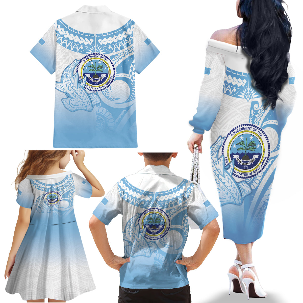 Micronesia Constitution Day Family Matching Off The Shoulder Long Sleeve Dress and Hawaiian Shirt Polynesian Tribal Tattoo Simple Style LT05 - Polynesian Pride