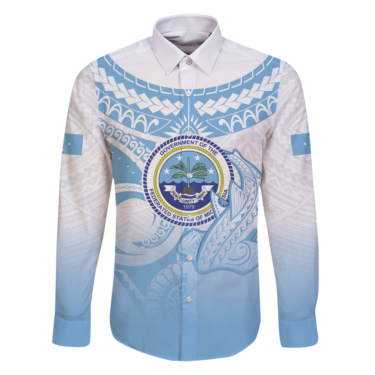 Micronesia Constitution Day Family Matching Off The Shoulder Long Sleeve Dress and Hawaiian Shirt Polynesian Tribal Tattoo Simple Style LT05 Dad's Shirt - Long Sleeve Blue - Polynesian Pride