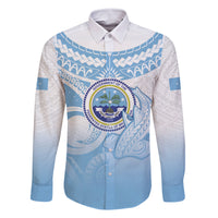Micronesia Constitution Day Family Matching Off The Shoulder Long Sleeve Dress and Hawaiian Shirt Polynesian Tribal Tattoo Simple Style LT05 Dad's Shirt - Long Sleeve Blue - Polynesian Pride