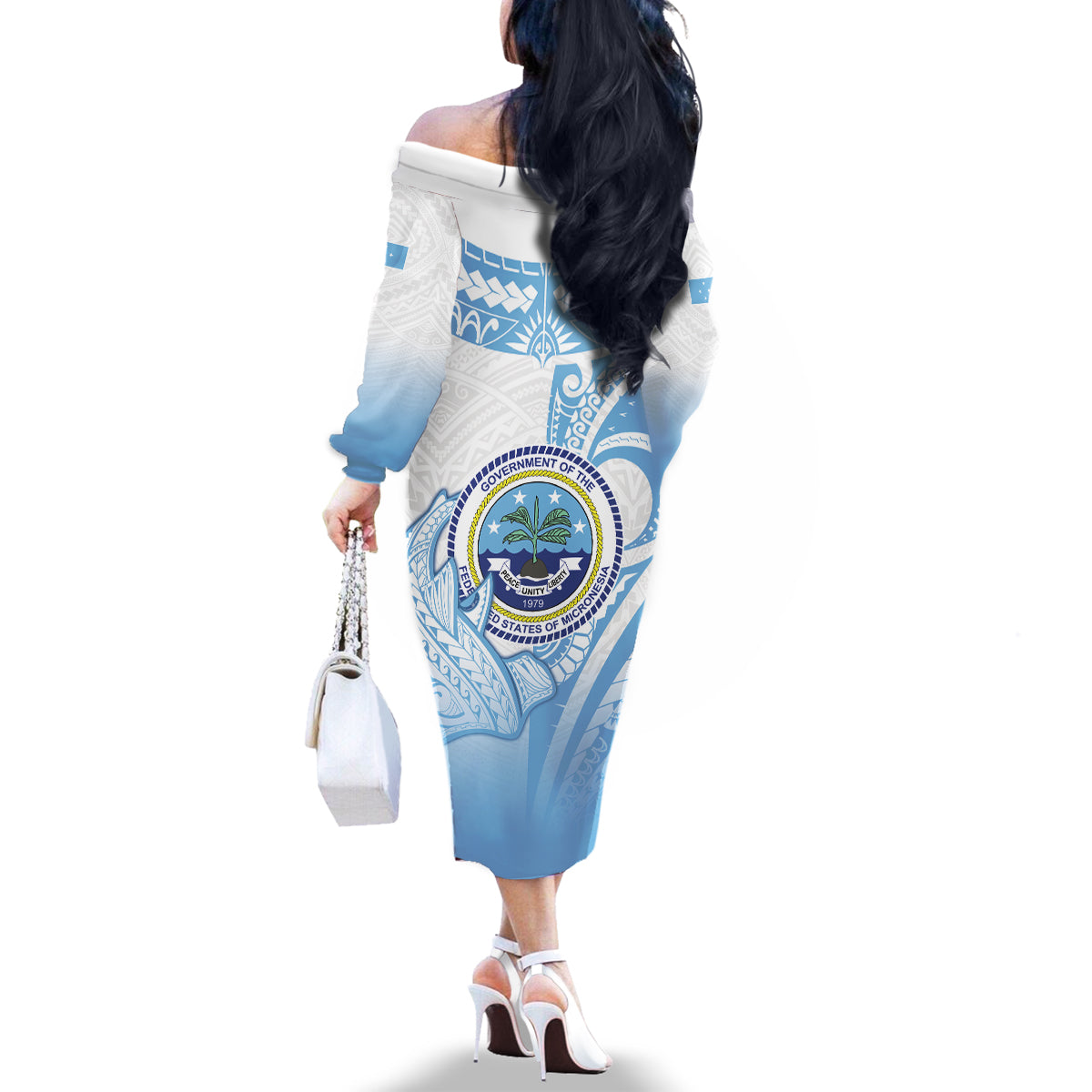 Micronesia Constitution Day Family Matching Off The Shoulder Long Sleeve Dress and Hawaiian Shirt Polynesian Tribal Tattoo Simple Style LT05 - Polynesian Pride