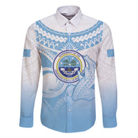 Micronesia Constitution Day Family Matching Short Sleeve Bodycon Dress and Hawaiian Shirt Polynesian Tribal Tattoo Simple Style LT05 Dad's Shirt - Long Sleeve Blue - Polynesian Pride