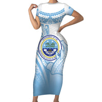 Micronesia Constitution Day Family Matching Short Sleeve Bodycon Dress and Hawaiian Shirt Polynesian Tribal Tattoo Simple Style LT05 Mom's Dress Blue - Polynesian Pride