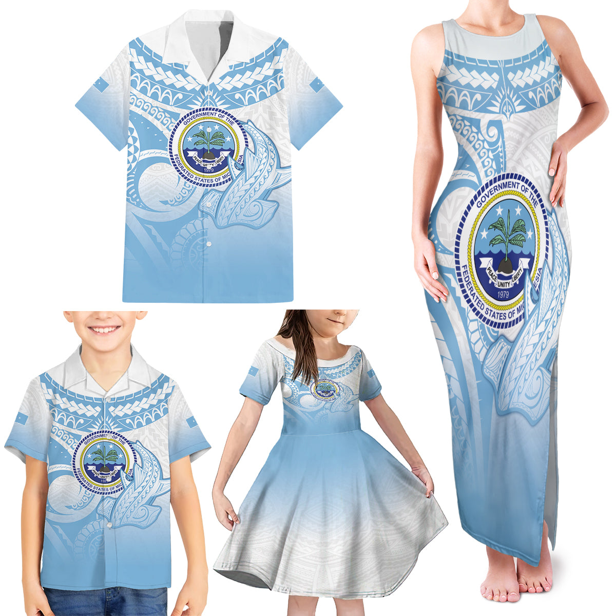 Micronesia Constitution Day Family Matching Tank Maxi Dress and Hawaiian Shirt Polynesian Tribal Tattoo Simple Style LT05 - Polynesian Pride