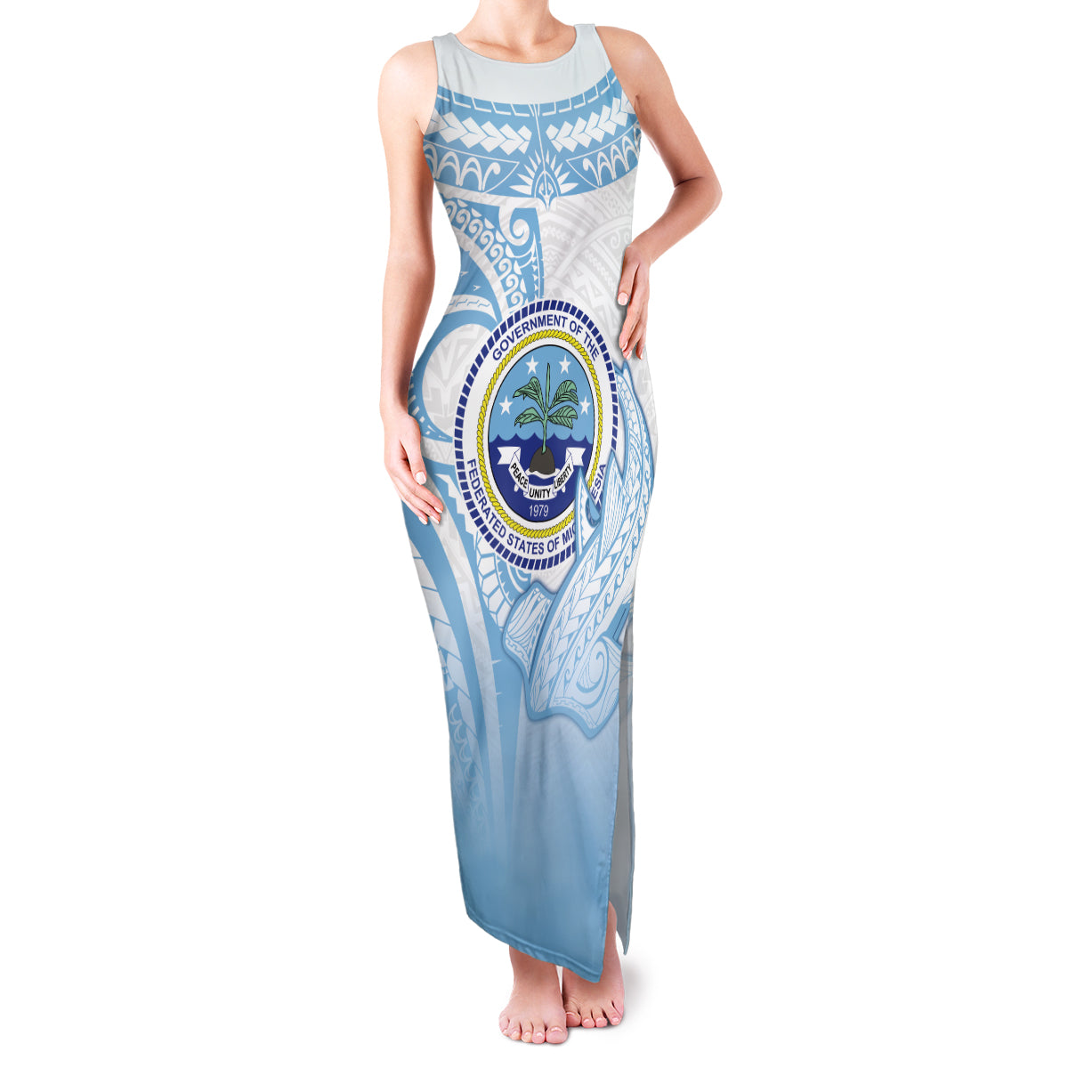 Micronesia Constitution Day Family Matching Tank Maxi Dress and Hawaiian Shirt Polynesian Tribal Tattoo Simple Style LT05 Mom's Dress Blue - Polynesian Pride