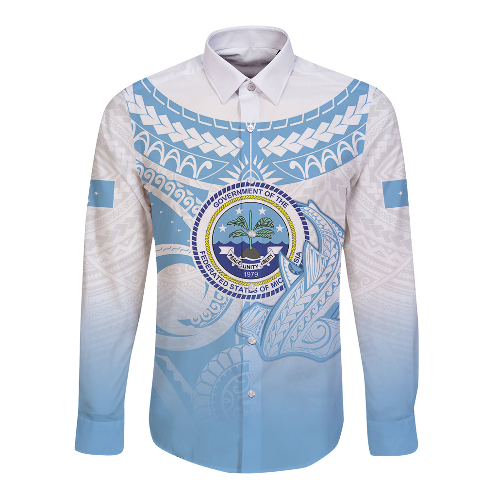 Micronesia Constitution Day Long Sleeve Button Shirt Polynesian Tribal Tattoo Simple Style LT05 Unisex Blue - Polynesian Pride