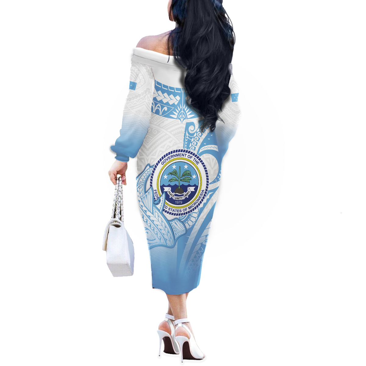 Micronesia Constitution Day Off The Shoulder Long Sleeve Dress Polynesian Tribal Tattoo Simple Style