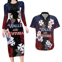 Wallis and Futuna Uvea Couples Matching Long Sleeve Bodycon Dress and Hawaiian Shirt Victory Day With Frangipani LT05 Black - Polynesian Pride
