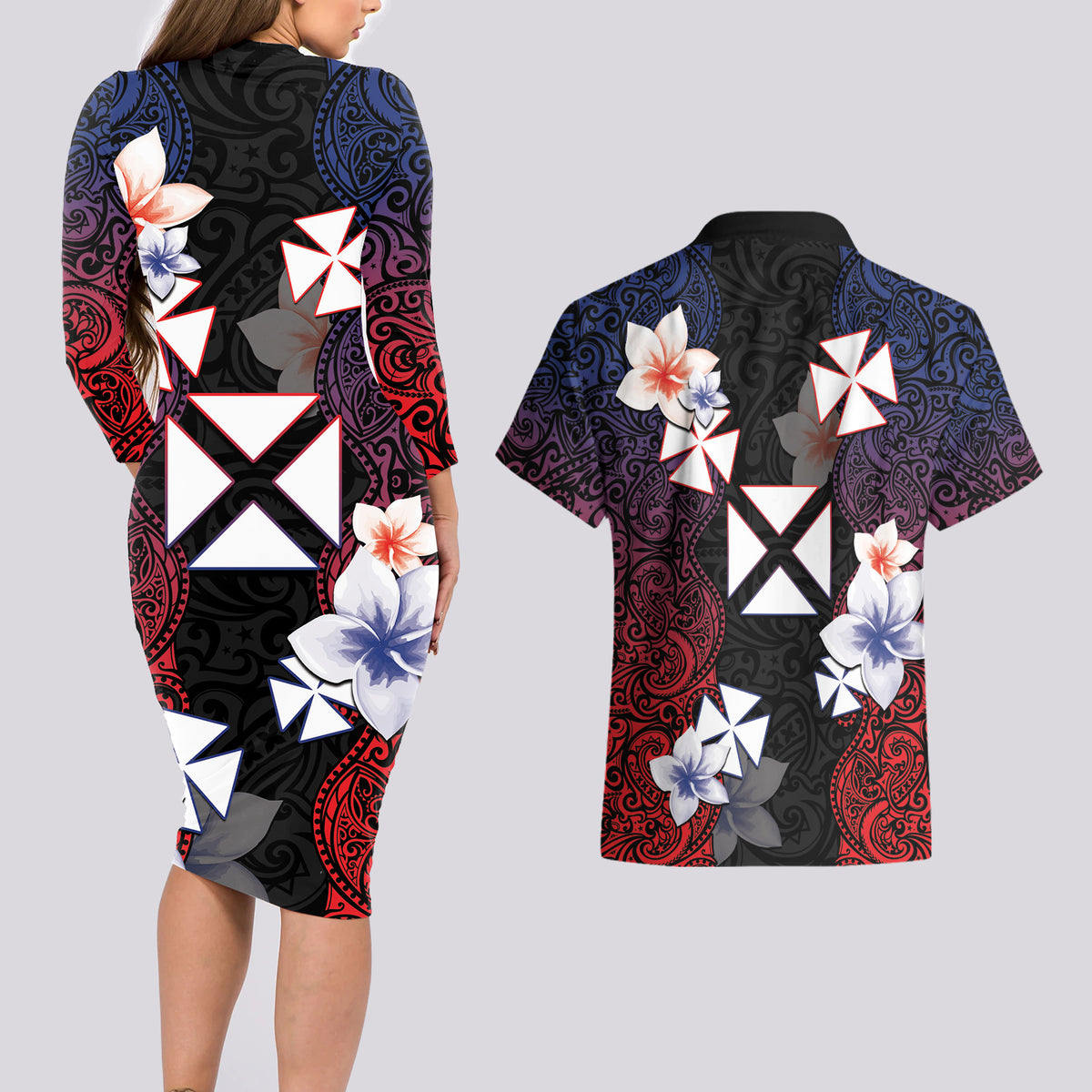 Wallis and Futuna Uvea Couples Matching Long Sleeve Bodycon Dress and Hawaiian Shirt Victory Day With Frangipani LT05 - Polynesian Pride