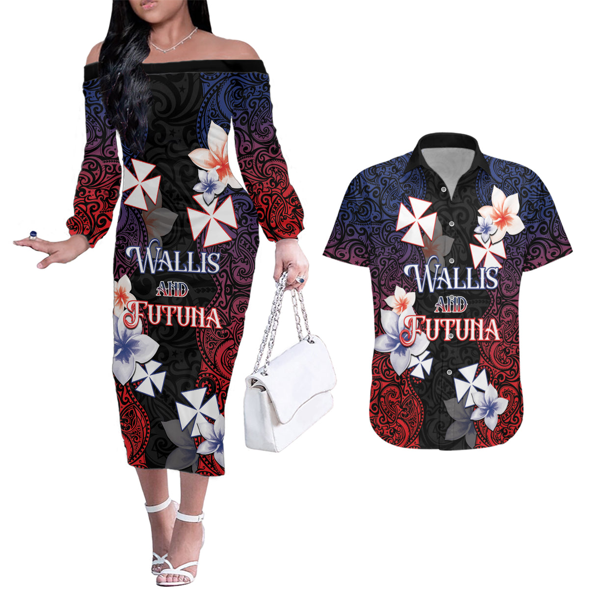 Wallis and Futuna Uvea Couples Matching Off The Shoulder Long Sleeve Dress and Hawaiian Shirt Victory Day With Frangipani LT05 Black - Polynesian Pride