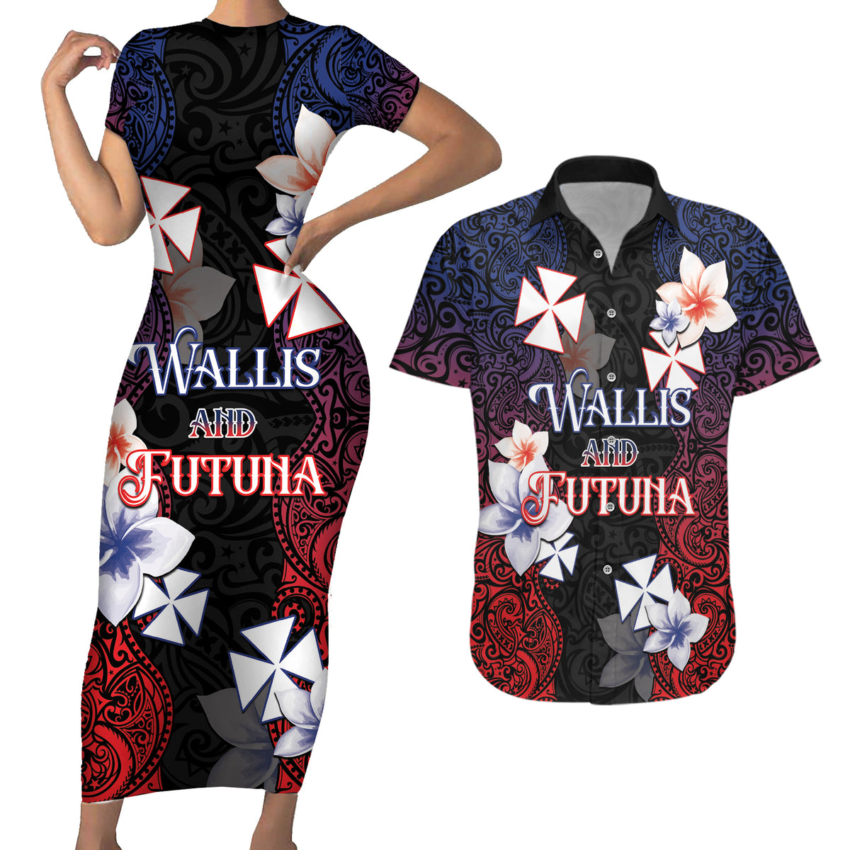 Wallis and Futuna Uvea Couples Matching Short Sleeve Bodycon Dress and Hawaiian Shirt Victory Day With Frangipani LT05 Black - Polynesian Pride