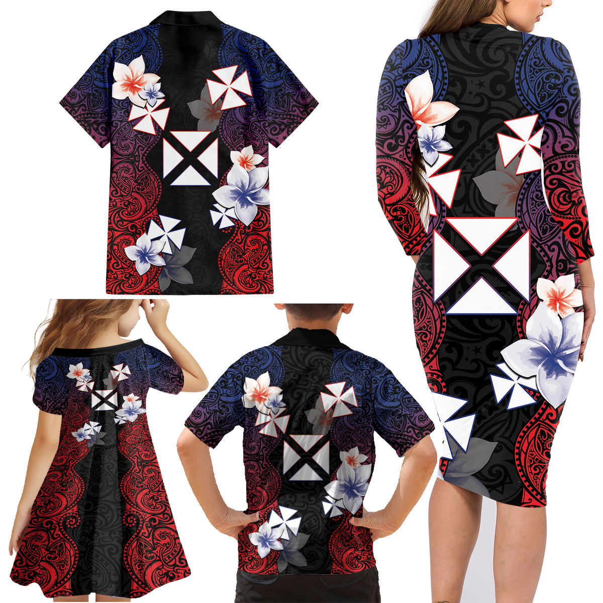 Wallis and Futuna Uvea Family Matching Long Sleeve Bodycon Dress and Hawaiian Shirt Victory Day With Frangipani LT05 - Polynesian Pride