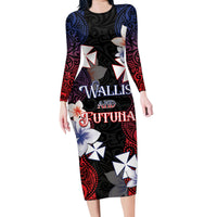 Wallis and Futuna Uvea Family Matching Long Sleeve Bodycon Dress and Hawaiian Shirt Victory Day With Frangipani LT05 Mom's Dress Black - Polynesian Pride