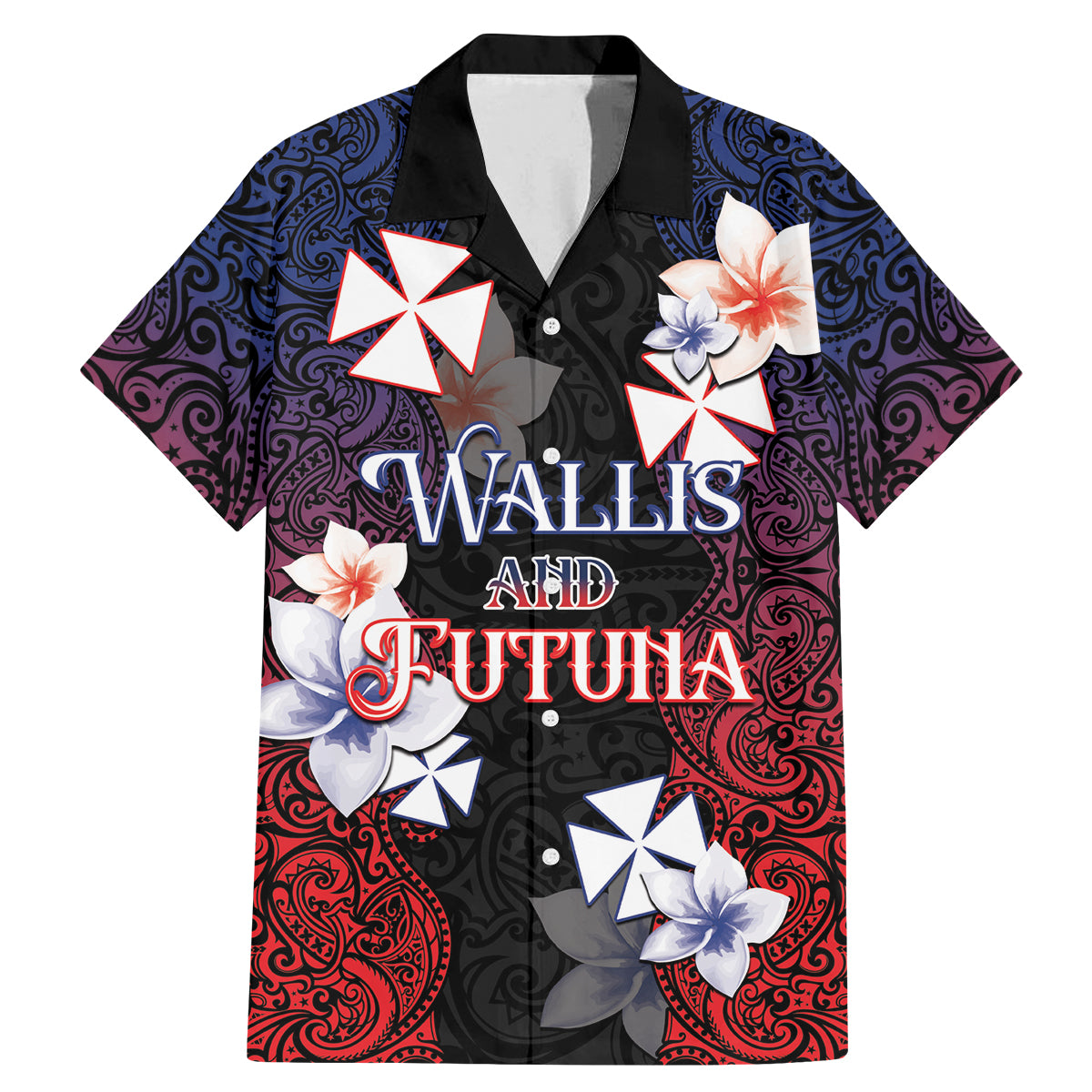 Wallis and Futuna Uvea Family Matching Mermaid Dress and Hawaiian Shirt Victory Day With Frangipani LT05 Dad's Shirt - Short Sleeve Black - Polynesian Pride
