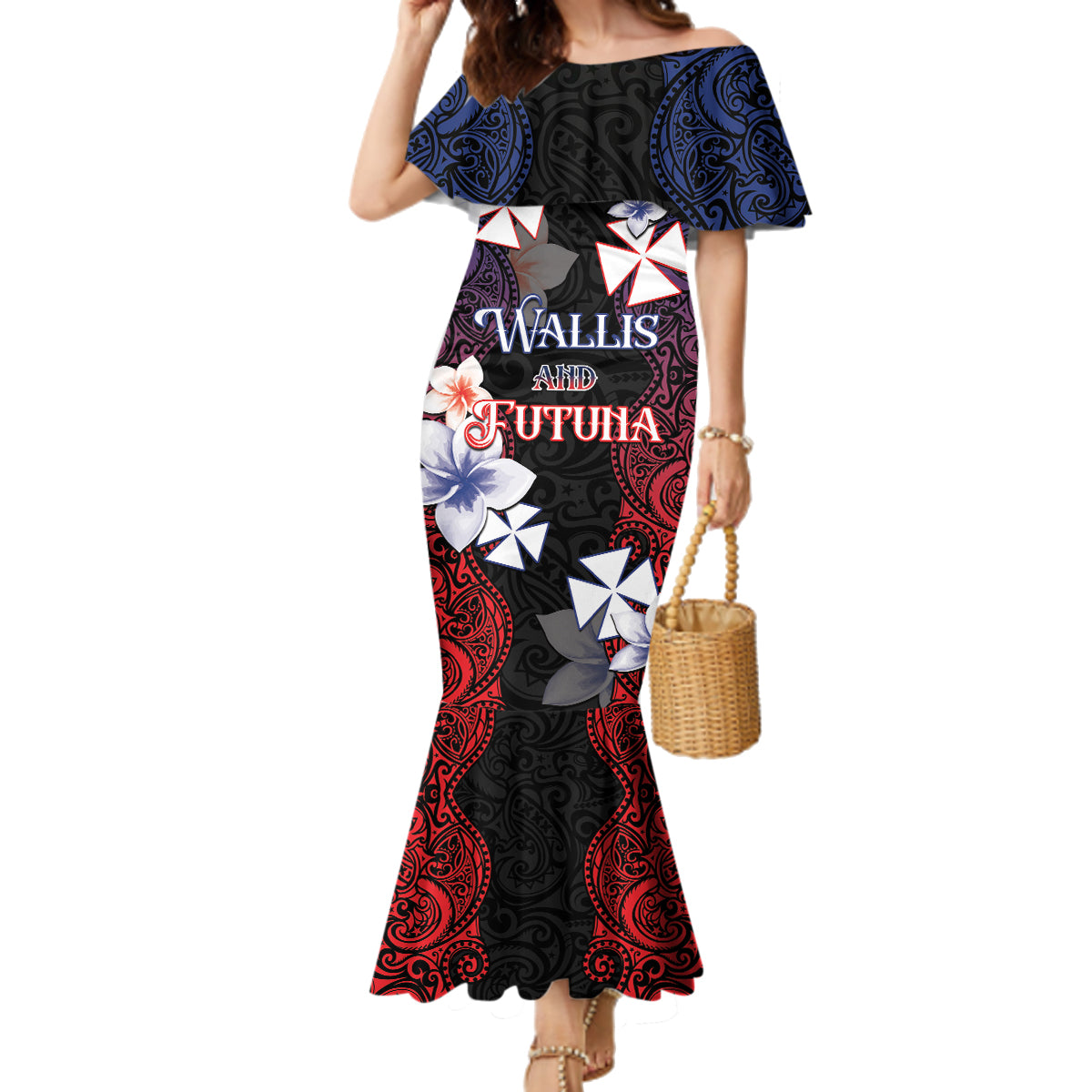 Wallis and Futuna Uvea Family Matching Mermaid Dress and Hawaiian Shirt Victory Day With Frangipani LT05 Mom's Dress Black - Polynesian Pride