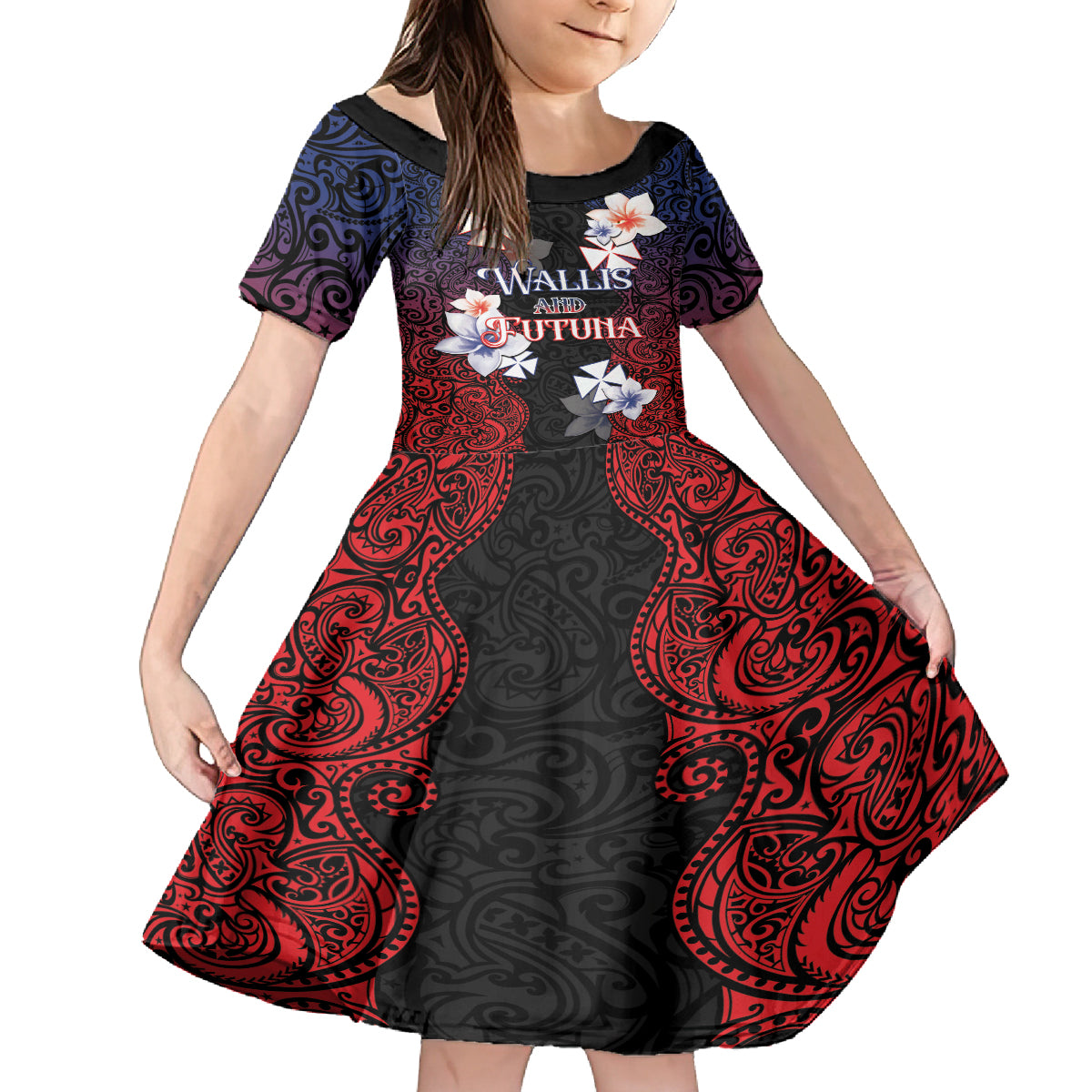 Wallis and Futuna Uvea Family Matching Off The Shoulder Long Sleeve Dress and Hawaiian Shirt Victory Day With Frangipani LT05 Daughter's Dress Black - Polynesian Pride