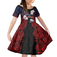 Wallis and Futuna Uvea Family Matching Off The Shoulder Long Sleeve Dress and Hawaiian Shirt Victory Day With Frangipani LT05 Daughter's Dress Black - Polynesian Pride