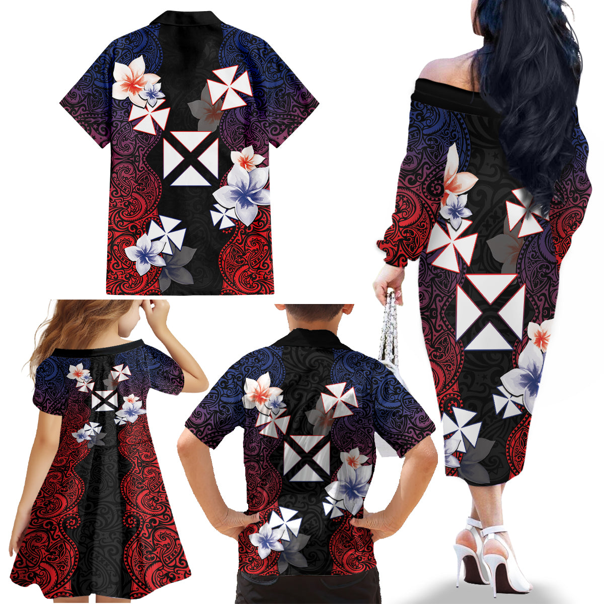 Wallis and Futuna Uvea Family Matching Off The Shoulder Long Sleeve Dress and Hawaiian Shirt Victory Day With Frangipani LT05 - Polynesian Pride