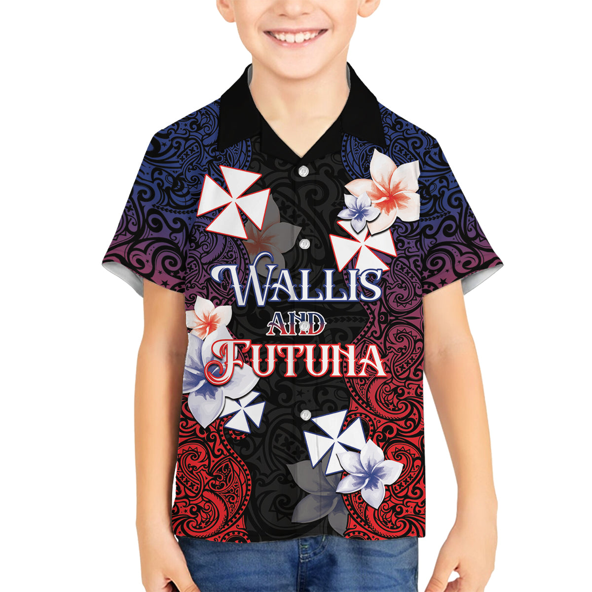 Wallis and Futuna Uvea Family Matching Off Shoulder Short Dress and Hawaiian Shirt Victory Day With Frangipani LT05 Son's Shirt Black - Polynesian Pride