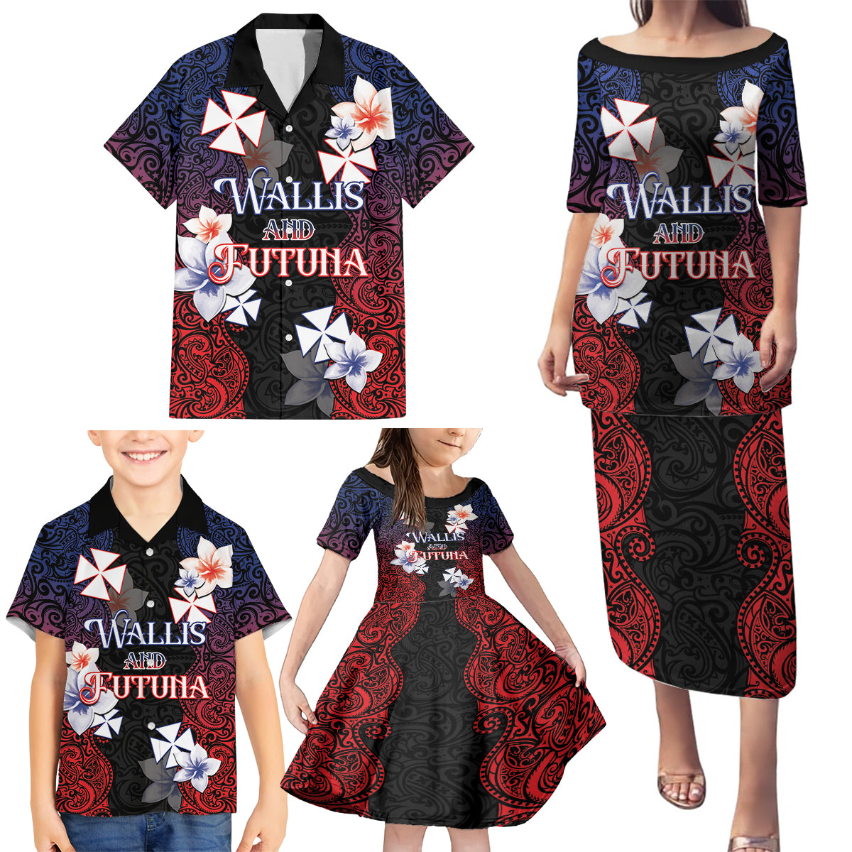 Wallis and Futuna Uvea Family Matching Puletasi and Hawaiian Shirt Victory Day With Frangipani LT05 - Polynesian Pride