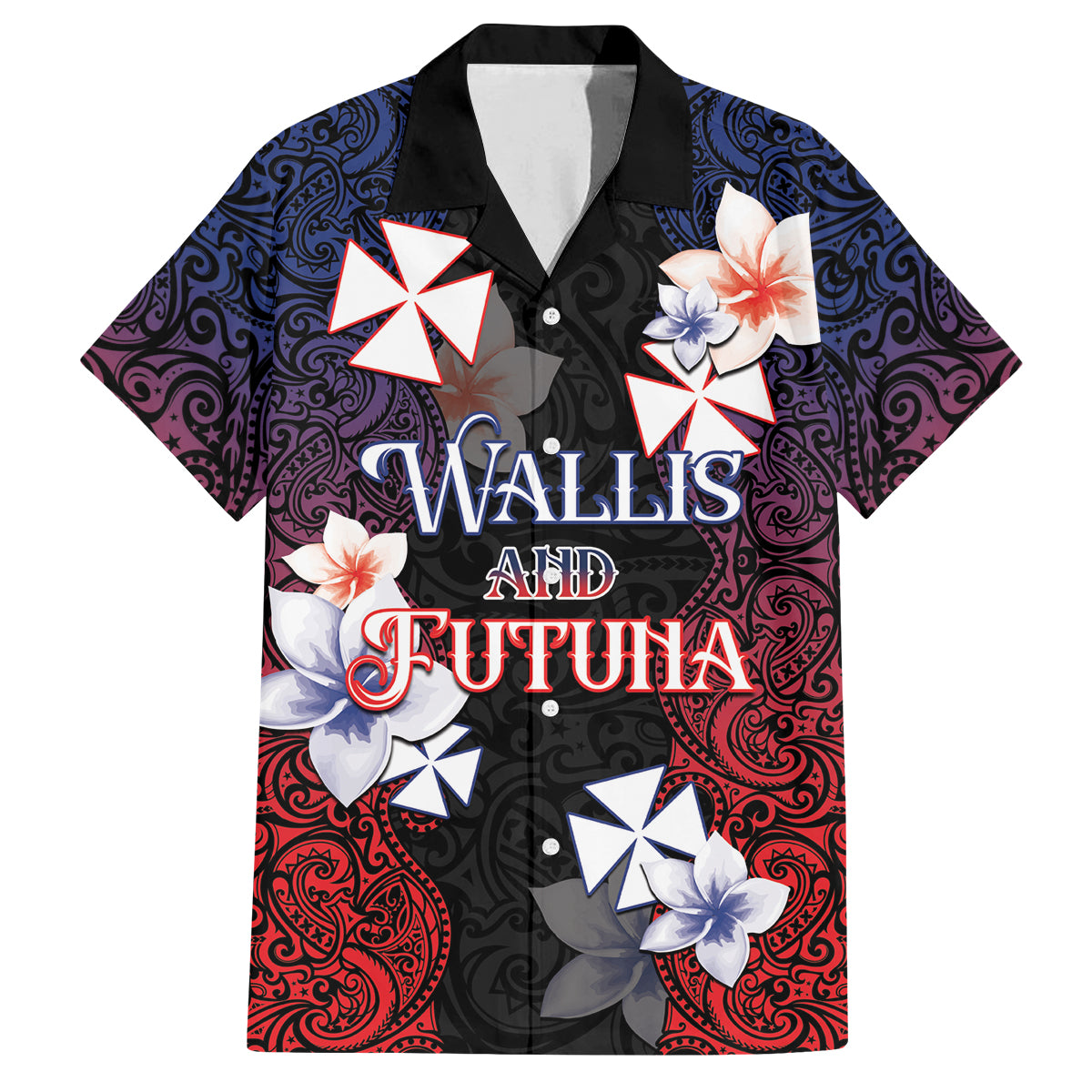 Wallis and Futuna Uvea Family Matching Puletasi and Hawaiian Shirt Victory Day With Frangipani LT05 Dad's Shirt - Short Sleeve Black - Polynesian Pride