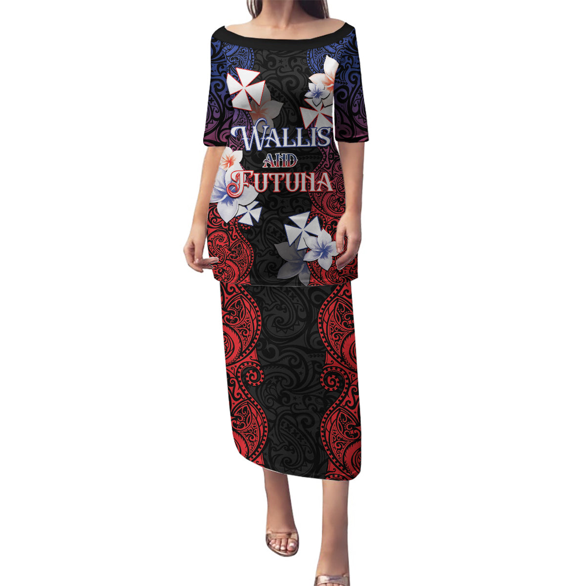 Wallis and Futuna Uvea Family Matching Puletasi and Hawaiian Shirt Victory Day With Frangipani LT05 Mom's Dress Black - Polynesian Pride