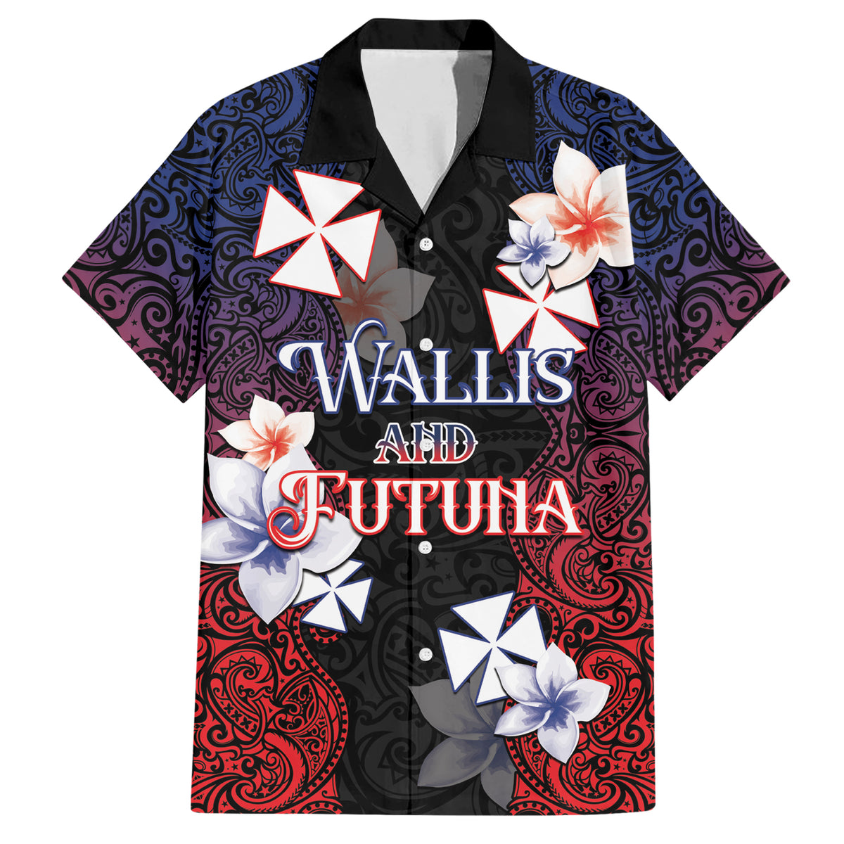Wallis and Futuna Uvea Family Matching Short Sleeve Bodycon Dress and Hawaiian Shirt Victory Day With Frangipani LT05 Dad's Shirt - Short Sleeve Black - Polynesian Pride