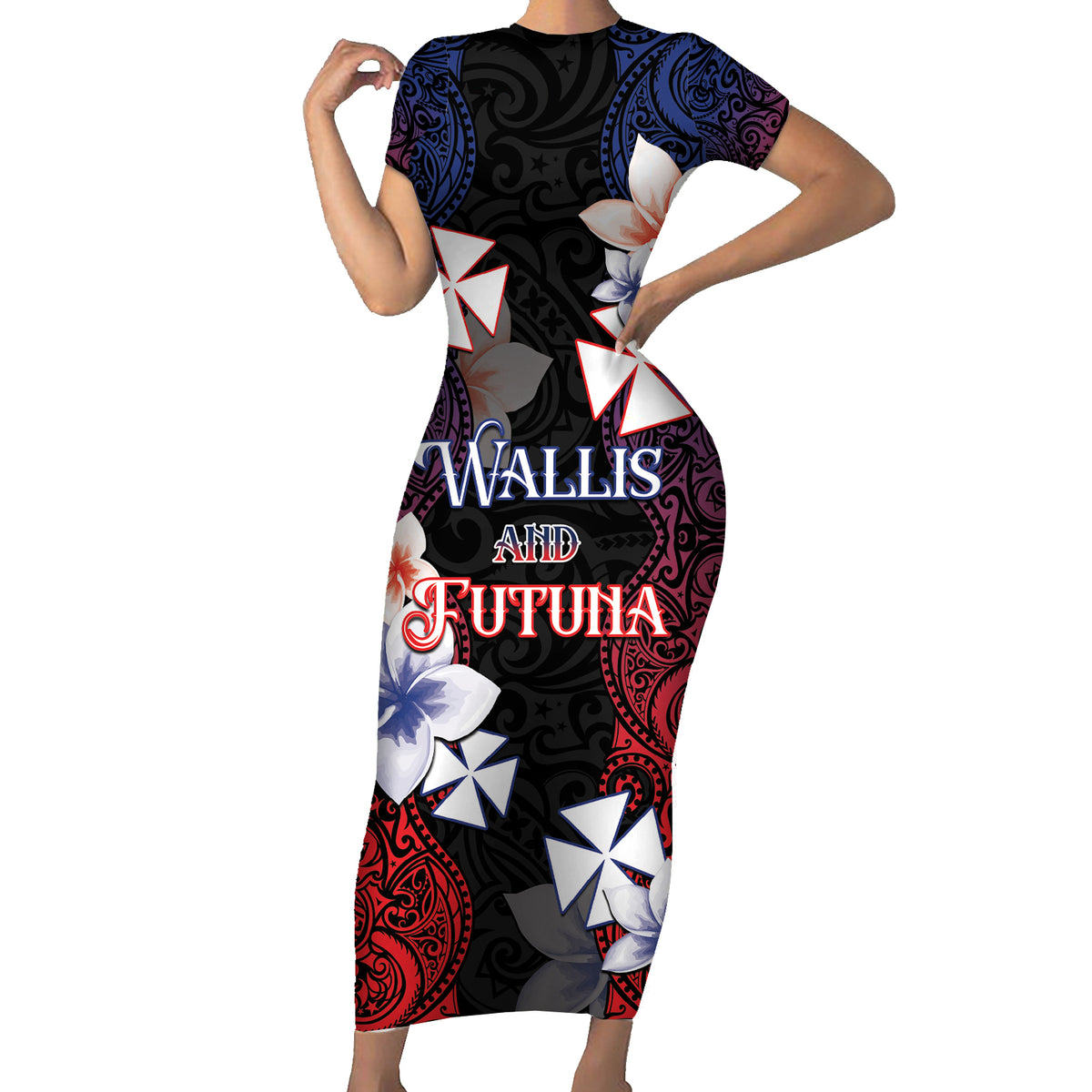 Wallis and Futuna Uvea Family Matching Short Sleeve Bodycon Dress and Hawaiian Shirt Victory Day With Frangipani LT05 Mom's Dress Black - Polynesian Pride