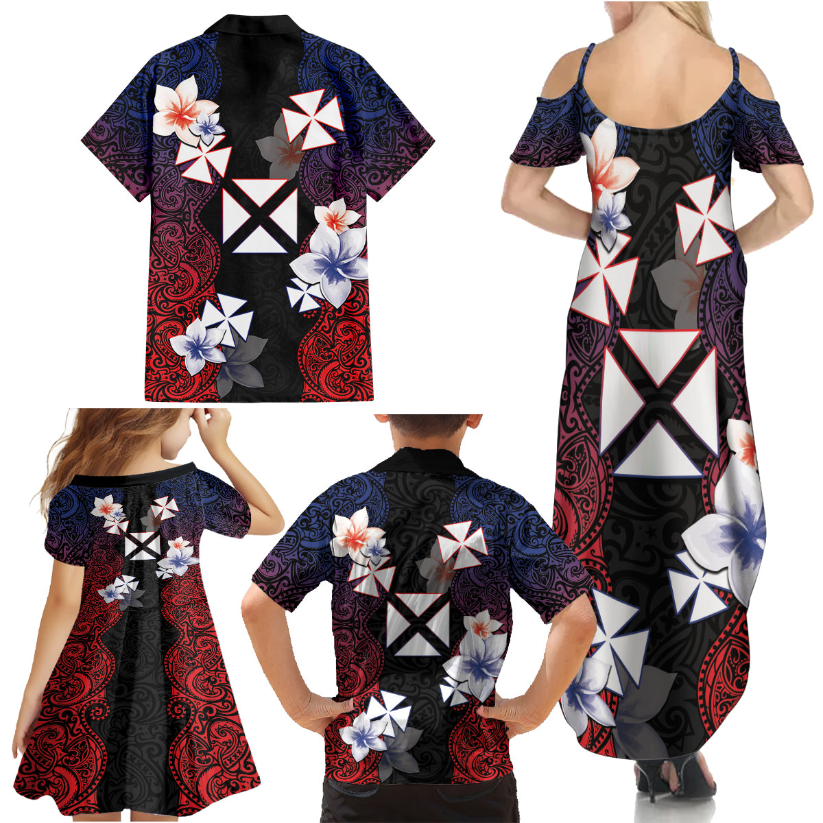 Wallis and Futuna Uvea Family Matching Summer Maxi Dress and Hawaiian Shirt Victory Day With Frangipani LT05 - Polynesian Pride
