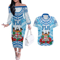 Personalised Fiji Ratu Sir Lala Sukuna Day Couples Matching Off The Shoulder Long Sleeve Dress and Hawaiian Shirt Hibiscus Tapa Pattern LT05 Blue - Polynesian Pride